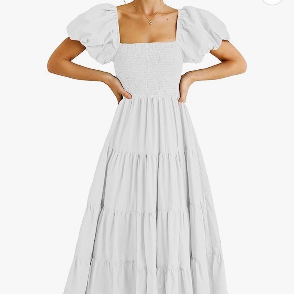White puff sleeve smocked midi dress XL